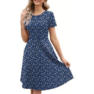 Women's Navy White Floral Knee Length Vintage A-Line Swing Dress with Pockets